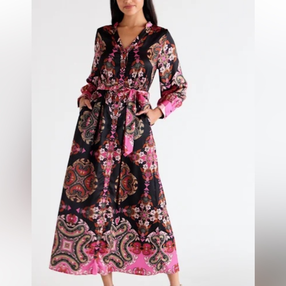 CIEBON Nora Print Long Sleeve Maxi Shirt Dress